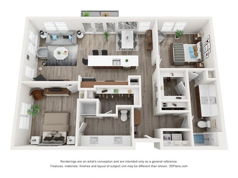 a 3d floor plan of a 555 sq. ft. apartment